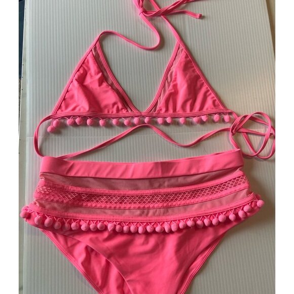 Revolve Tularosa Women's Hot Pink High Waist Pom Pom Mesh Nina Bikini Size L - Picture 6 of 11